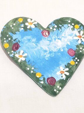 Floral Heart Flowers Brooch Lapel Pin 1.5" Hand Panted Vintage Flower